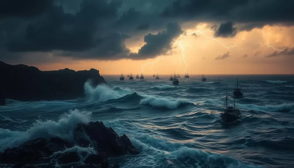 A dramatic scene of powerful typhoons sweeping across the open sea. In the foreground, towering thunderclouds loom, their jagged lightning bolts streaking through the darkened sky. Turbulent waves crash against rugged cliffs in the middle ground, white-capped and churning. In the distance, a fleet of fishing boats struggles to navigate the treacherous conditions, their masts swaying in the howling wind. The moody, cinematic lighting casts an ominous atmosphere, emphasizing the raw, unforgiving nature of these seasonal storms. Capture the intensity and danger of Taiwan's typhoon season in a dramatic, hyper-realistic landscape.