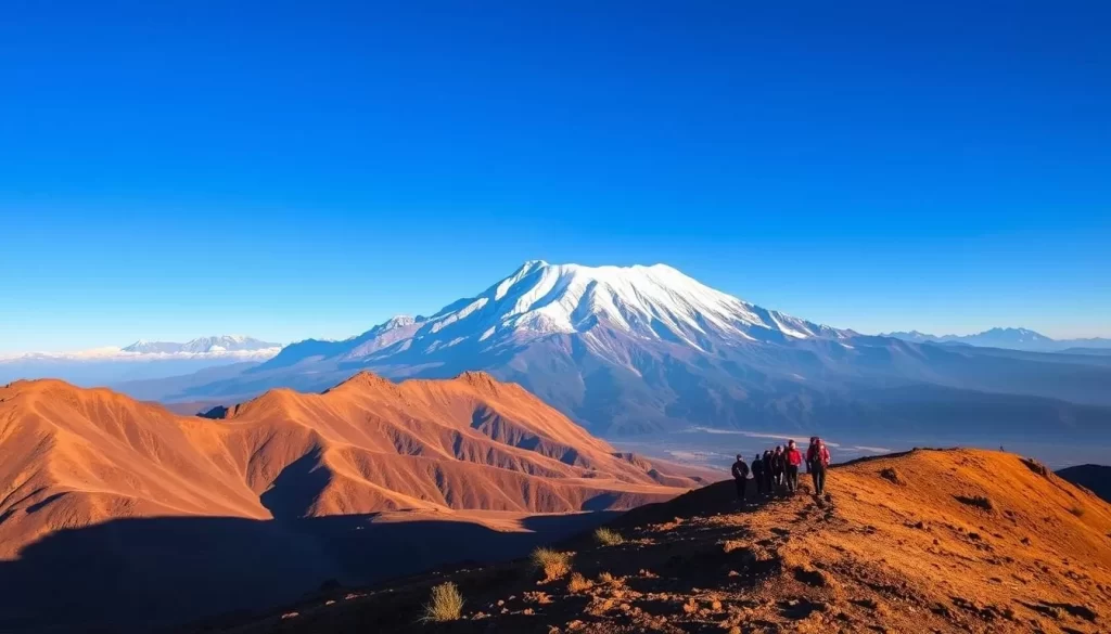 A dramatic vista of Mount Kenya's snow-capped peaks rising majestically against a vibrant azure sky. In the foreground, a group of adventurous hikers traverse the gently undulating terrain, trekking along the equatorial ridge with awe-inspiring vistas stretching out in all directions. Warm, natural lighting illuminates the rugged landscape, casting deep shadows that accentuate the geological features. The scene exudes a sense of exhilaration and wonder, perfectly capturing the thrill of the "Mount Kenya Equator Experience" for outdoor enthusiasts.