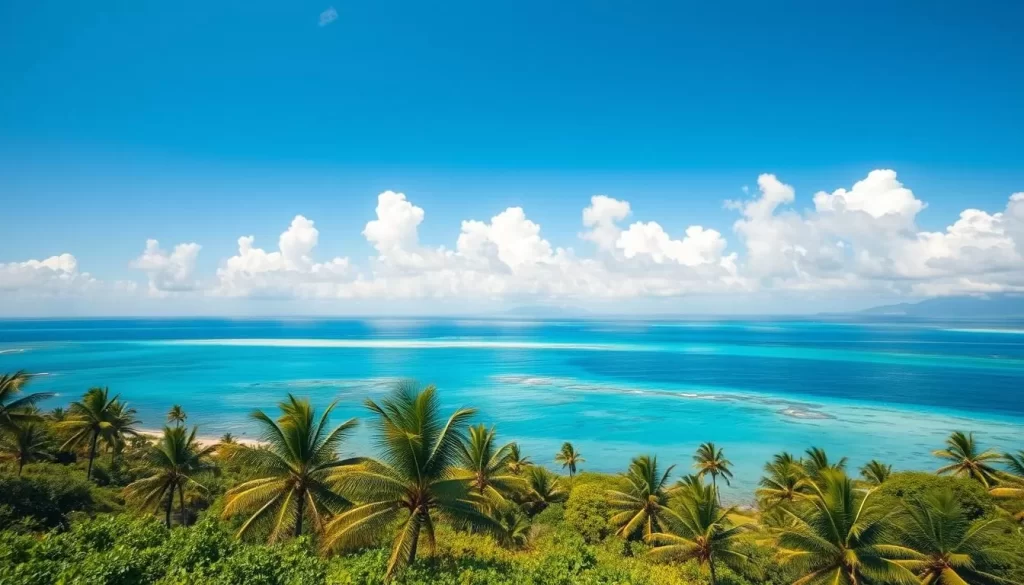 A dramatic, wide-angle view of Fiji's tropical weather patterns, captured on a clear, sun-drenched day. In the foreground, fluffy white clouds drift lazily across a brilliant azure sky. Hues of emerald and jade dominate the lush, verdant landscape below, with palm trees swaying gently in a soft, refreshing breeze. In the distance, the crystalline waters of the Pacific Ocean shimmer, its blue-green tones complementing the vibrant colors of the land. The lighting is warm and natural, casting a golden glow over the entire scene, evoking a sense of tranquility and paradise. The composition showcases Fiji's tropical climate in all its stunning glory, a visual representation of the island nation's idyllic weather conditions.