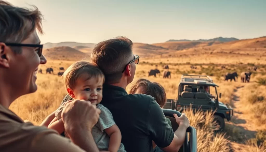 A family on an exhilarating safari adventure in the lush, sun-dappled landscapes of Madikwe Game Reserve, South Africa. In the foreground, a father and mother observe a herd of majestic elephants roaming through the tall grass, their young child's eyes wide with wonder. The middle ground reveals a well-equipped 4x4 vehicle navigating the rugged terrain, capturing the excitement of the journey. In the distance, a panoramic vista of rolling hills and acacia trees, bathed in the warm, golden glow of the afternoon sun, creates a serene and tranquil atmosphere. The family's expressions radiate joy and awe, immersed in the wonders of the African wilderness.