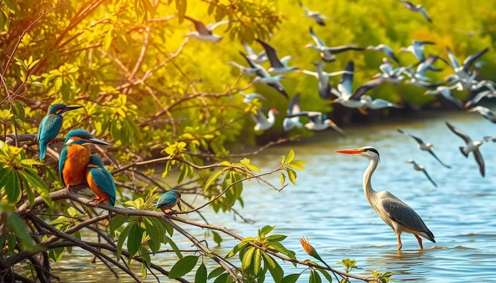 A flock of vibrant tropical birds perched on lush mangrove branches, their plumage shimmering in the soft, warm sunlight filtering through the canopy. In the foreground, a pair of colorful kingfishers with dazzling blue and orange feathers, their keen eyes scanning the shimmering waters below. In the middle ground, a majestic heron wades gracefully, its long neck and elegant posture capturing the serene essence of the Sundarbans. In the background, a variety of migratory waterfowl and egrets soar through the azure sky, creating a captivating avian symphony. The scene exudes a tranquil, nature-filled atmosphere, inviting the viewer to immerse themselves in the birdwatching paradise of the Sundarbans.