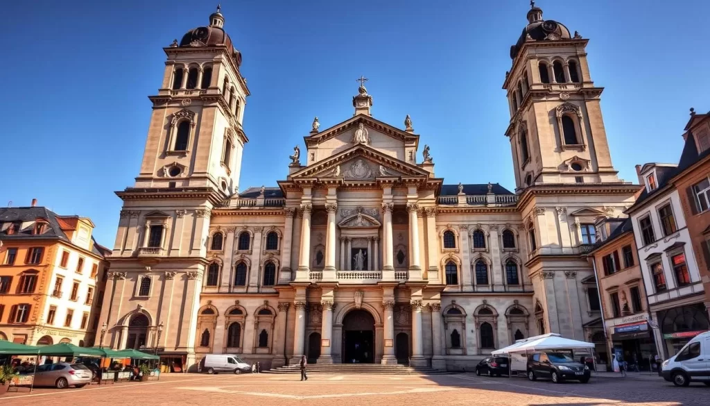 A grand Baroque cathedral with twin bell towers stands tall, its intricate facade bathed in warm afternoon sunlight. Ornate columns and statues adorn the entrance, leading into an interior filled with ornate altars, stained glass, and vaulted ceilings. The surrounding plaza is dotted with quaint shops and cafes, creating a serene, historic atmosphere. Capture the architectural splendor and cultural essence of this iconic religious landmark in Wiltz, Luxembourg.