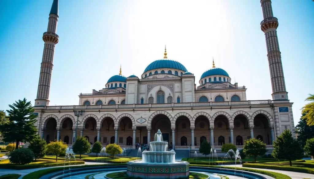 A grand Ottoman mosque with majestic domes and slender minarets stands tall against a clear blue sky. Intricate Islamic architectural details adorn the facade, including ornate arched entrances, intricate tile work, and ornamental calligraphy. Sunlight filters through the archways, casting warm shadows across the ornamental gardens and fountains in the foreground. The overall scene evokes a sense of timeless grandeur and spiritual contemplation, capturing the essence of Edirne's rich architectural heritage.