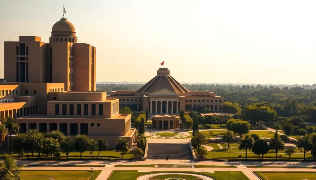 A grand and iconic modernist complex, the Chandigarh Capitol showcases the architectural brilliance of Le Corbusier. In the foreground, the imposing High Court and Secretariat buildings with their distinctive geometric forms and interconnected volumes stand tall, bathed in warm, golden sunlight. The mid-ground features the elegant Legislative Assembly, its striking triangular roof canopy casting dramatic shadows. In the distance, the lush greenery of the surrounding gardens provides a serene and harmonious backdrop, conveying a sense of tranquility and timeless elegance. Capture the architectural splendor, symmetry, and integration with the natural landscape that exemplify the vision of this modernist masterpiece.