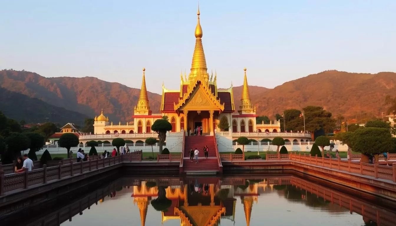 A grand and majestic Buddhist temple nestled in the heart of Lampang, Thailand, set against a backdrop of lush, verdant hills. The temple's ornate, golden spires glint in the warm, golden sunlight, casting a serene and tranquil atmosphere. In the foreground, a serene pond reflects the temple's intricate architecture, creating a mirrored symmetry. Worshippers and visitors meander along the temple's ornate walkways, imbued with a sense of reverence and spirituality. The overall scene radiates a palpable sense of peace, harmony, and timeless cultural heritage.