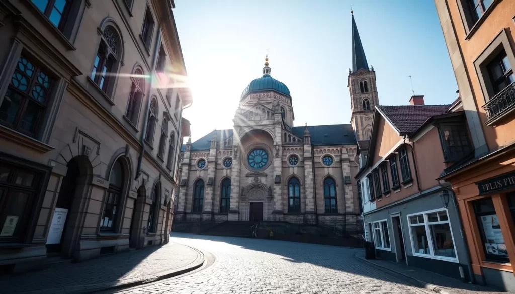 A grand and ornate synagogue standing proudly in the heart of Kazimierz Dolny, Poland. Sunlight filters through the intricate stained glass windows, casting warm hues upon the intricate stone facade. The building's elegant domed roof and tall spires reach skyward, a testament to the rich Jewish heritage of this historic town. In the foreground, cobblestone streets wind past quaint buildings, inviting visitors to explore the charming surroundings. The scene conveys a sense of timeless beauty and cultural significance, perfectly capturing the essence of this remarkable Jewish heritage site.