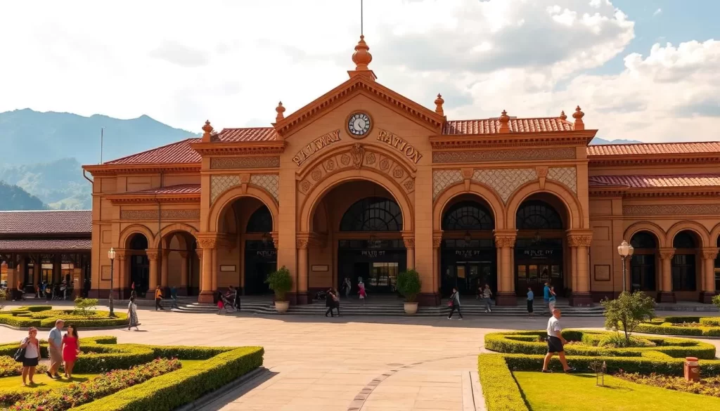 A grand and stately Ipoh Railway Station stands proudly, its elegant Moorish architecture bathed in warm sunlight. Majestic arches frame the station's entrance, inviting travelers to step inside. The forecourt bustles with activity, locals and visitors alike strolling past well-tended gardens. Intricate tile work and ornate details adorn the facade, capturing the station's timeless grandeur. In the distance, lush hills rise, providing a picturesque backdrop to this historic landmark. The scene exudes a sense of tranquility and timelessness, perfectly encapsulating the charm and character of Ipoh.