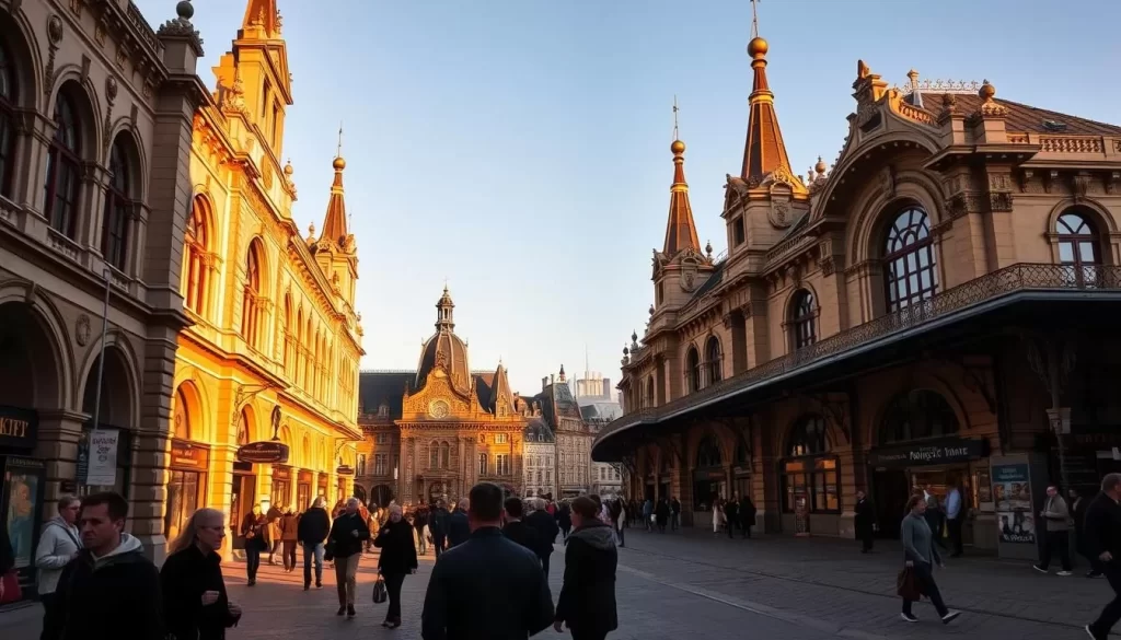 A grand, early 20th-century train station in Antwerp, Belgium, with elegant architecture and bustling activity. Capture the exterior facade in warm, golden afternoon light, with ornate spires and arched windows framing the scene. In the foreground, depict passengers hurrying through the station's main concourse, their silhouettes creating a sense of movement and energy. In the middle ground, showcase the intricate decorative elements, such as intricate moldings and sculpted details, that contribute to the station's historic charm. In the background, include a glimpse of Antwerp's charming Old Town, with its cobblestone streets and picturesque buildings, creating a picturesque and inviting atmosphere.
