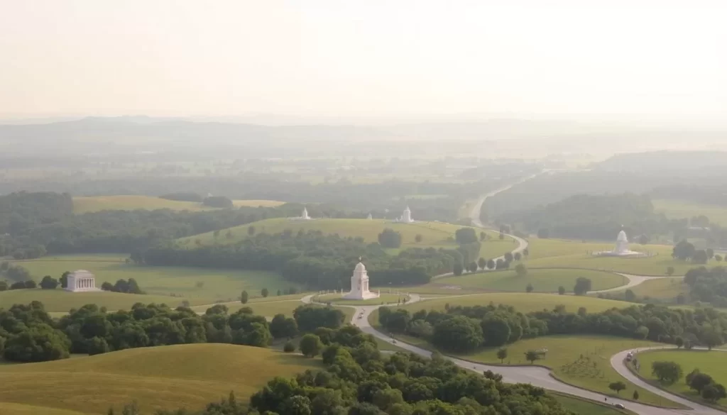 A grand expanse of rolling hills, verdant meadows, and winding roads unfolds before the viewer, showcasing the majestic Vicksburg National Military Park. Majestic monuments and memorials stand as silent sentinels, bearing witness to the storied history of the Civil War's decisive Vicksburg Campaign. Soft, diffused lighting casts a warm, contemplative glow over the landscape, inviting visitors to explore the park's rich tapestry of battlefields, cemeteries, and interpretive exhibits. The scene conveys a sense of reverence and solemnity, encouraging thoughtful reflection on the sacrifices and struggles that took place within this hallowed ground. A peaceful, picturesque setting that captures the essence of this important historical destination.