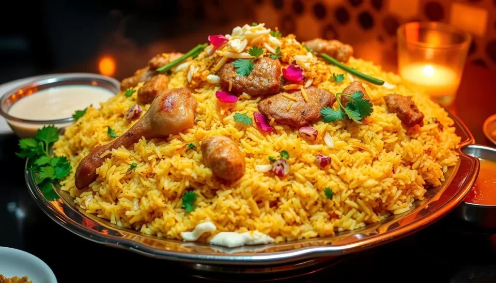 A grand feast of Hyderabadi biryani, steaming hot and fragrant, sits atop a gleaming silver platter. Tender pieces of marinated chicken or lamb, layered with aromatic basmati rice, saffron, and a medley of spices, create a vibrant, colorful display. A scattering of crisp fried onions, fresh coriander, and a sprinkling of rose petals add a touch of elegance. The biryani is accompanied by a side of creamy, cooling raita and a glistening, translucent mango chutney, inviting the diner to savor the perfect balance of flavors. Warm, ambient lighting casts a cozy glow, setting the stage for an indulgent culinary experience.