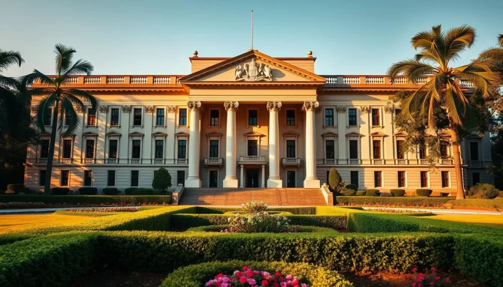 A grand governmental building with a neoclassical facade, adorned with stately columns and ornate details, stands tall and proud in the heart of Chandigarh. The structure is bathed in warm, golden sunlight, casting long, dramatic shadows across the manicured grounds. In the foreground, a neatly landscaped garden with meticulously trimmed hedges and vibrant flowerbeds complements the architectural grandeur. The image conveys a sense of official authority, sophistication, and the prominence of the English language as the official language of this planned city.