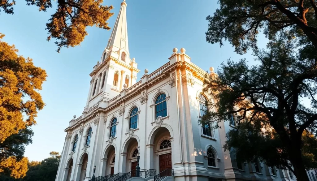 A grand, historic church with striking Charleston-style architecture, bathed in warm, golden light. Towering steeple and ornate facade made of gleaming white stone, framed by lush, verdant trees and a clear, blue sky. Intricate columns, decorative arches, and stained-glass windows create an awe-inspiring, serene atmosphere. Capture the timeless beauty and spiritual essence of this architectural gem, showcasing Charleston's rich religious and cultural heritage.