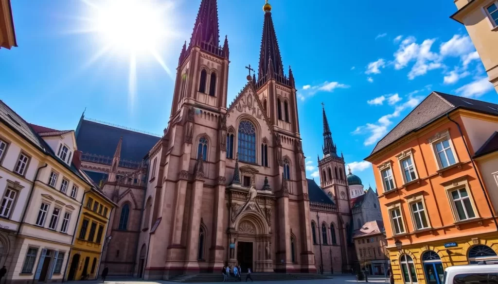 A grand, majestic church standing tall in the heart of Lublin, Poland, with its ornate façade and towering spires reaching towards the azure sky. The sunlight filters through stained glass windows, casting a warm, golden glow upon the intricate carvings and statues adorning the exterior. In the foreground, cobblestone streets and charming historical buildings frame the scene, while in the background, the city's skyline rises, a testament to Lublin's rich religious heritage. The atmosphere is one of reverence and timeless beauty, inviting the viewer to step back in time and experience the grandeur of this architectural masterpiece.