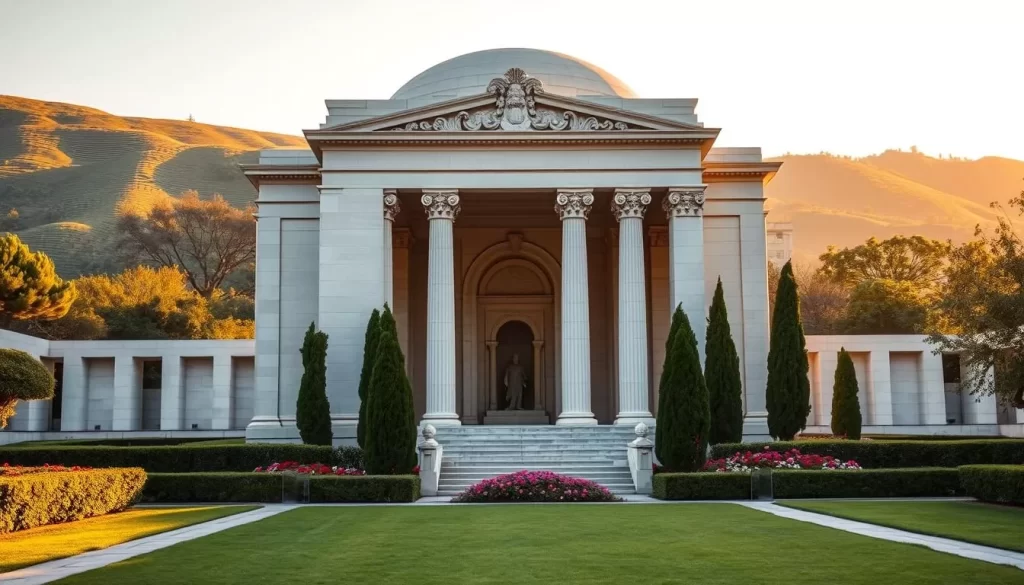 A grand mausoleum sits against a backdrop of lush, rolling hills. The structure is made of smooth, white marble, its ornate columns and intricate carvings catching the warm, golden light of the sun. The entrance is framed by a tall archway, leading into a spacious interior filled with reverent silence. In the foreground, a well-tended garden adds a serene touch, with carefully manicured hedges and vibrant flowers in bloom. The whole scene exudes a sense of historical significance and cultural importance, inviting visitors to step back in time and reflect on the legacy of a respected leader.