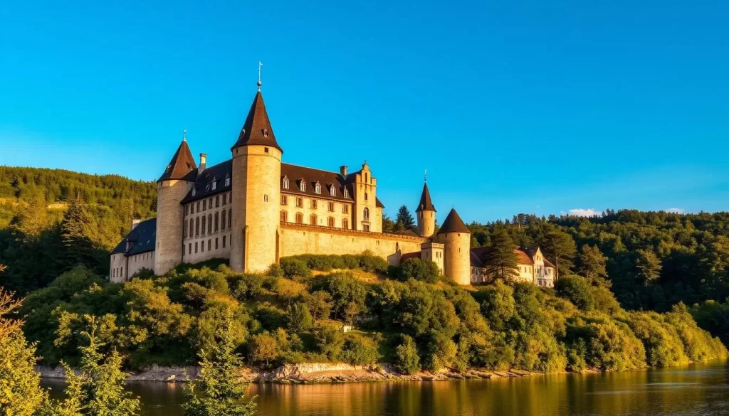 A grand medieval castle nestled atop a majestic hill, its stately towers and ramparts rising majestically against a clear, azure sky. Sunlight dances across the aged stone walls, casting warm, golden hues that highlight the castle's intricate architectural details. The surrounding lush, verdant forests and the serene Ourthe River create a picturesque, fairytale-like setting. Capture the castle's imposing presence and the tranquil, idyllic atmosphere of this historic landmark in Vianden, Luxembourg.