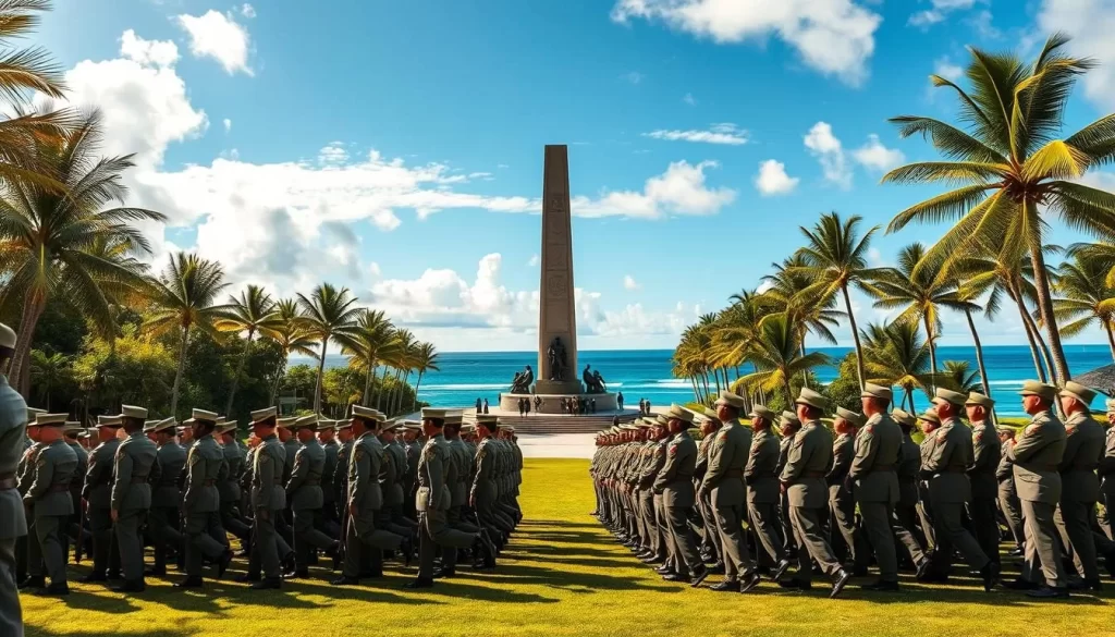 A grand memorial ceremony commemorating the sacrifices of WWII veterans, set against the backdrop of a picturesque Kiribati landscape. In the foreground, a solemn parade of uniformed soldiers marches in formation, their polished boots and crisp uniforms reflecting the warm sunlight. In the middle ground, a towering monument stands tall, its intricate carvings and bronze statues glistening. The background features a serene tropical setting, with swaying palm trees, azure skies, and the tranquil waters of the Pacific Ocean lapping at the shore. The mood is one of reverence and respect, as the local community gathers to honor the memory of those who fought for their nation.