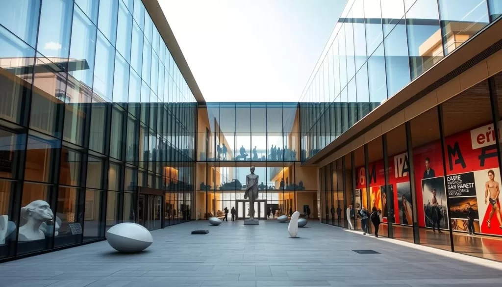 A grand, modern art museum nestled in the heart of Mons, Belgium. The sleek, angular facade of glass and steel gleams under the warm sunlight, inviting visitors to explore the boundless creativity within. Step through the expansive entryway, where natural light floods the airy atrium, casting a soft glow on the minimalist, yet captivating sculptures dispersed throughout. Venture deeper into the museum, wandering through the vast galleries adorned with bold, thought-provoking paintings, multimedia installations, and cutting-edge digital artworks that challenge the senses. An atmosphere of intellectual curiosity and artistic appreciation permeates every corner, drawing in art enthusiasts and casual admirers alike to appreciate the vibrant cultural landscape of this Belgian gem.