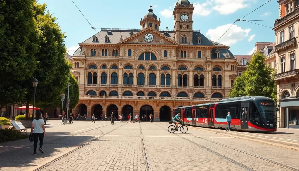 A grand neo-Renaissance train station in Leuven, Belgium, on a warm, sunny day. The facade features ornate arched windows, intricate stone carvings, and a striking clock tower. Pedestrians stroll along the cobblestone plaza in the foreground, while bicyclists and trams glide past. Lush greenery and historic buildings frame the scene, creating a charming, old-world atmosphere. Capture the station from a slightly elevated angle, using a wide-angle lens to showcase its impressive scale and architectural details. Render the image with a soft, golden light and a sense of tranquility, reflecting the serene ambiance of this important transportation hub.