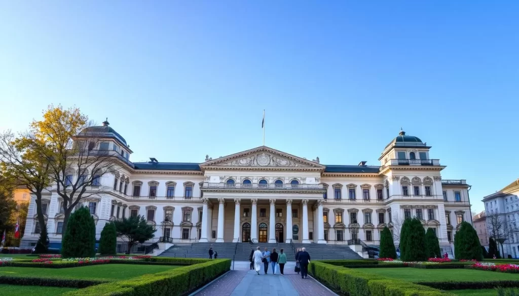 A grand, neoclassical building with ornate facades, towering columns, and intricate architectural details stands majestically against a clear, azure sky. The Festspielhaus St. Pölten, a renowned cultural performance center, is the focal point of the scene, its elegant design radiating an air of sophistication and artistic excellence. In the foreground, a lush, manicured garden leads visitors towards the grand entrance, with neatly trimmed hedges and vibrant flower beds framing the approach. The middle ground showcases people strolling leisurely, admiring the building's grandeur and taking in the peaceful atmosphere. Warm, golden lighting bathes the scene, creating a welcoming and inviting ambiance that captures the essence of this cultural hub in Sankt Pölten, Austria.
