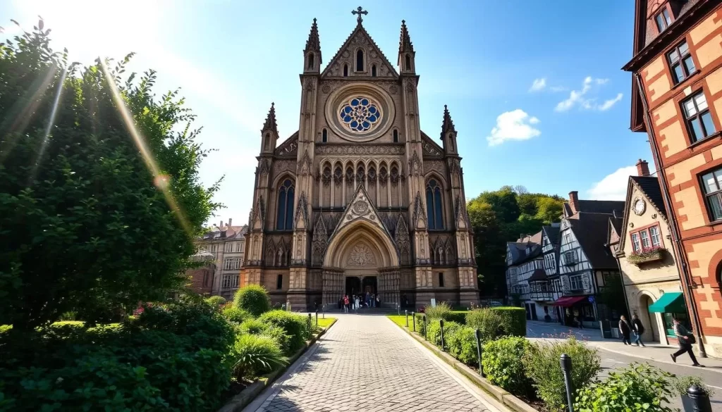 A grand, ornate Basilica of Saint Willibrord stands tall, its Gothic architecture reaching for the heavens. Sunlight streams through stained-glass windows, casting a warm, ethereal glow over the intricate stone carvings and ornate facades. In the foreground, lush greenery and cobblestone pathways lead visitors towards the impressive structure, inviting them to explore its rich history and spiritual significance. The mid-ground reveals the charming, medieval town of Echternach, its quaint buildings and winding streets creating a picturesque backdrop. Capture the essence of this architectural masterpiece, its timeless beauty and the tranquil ambiance of its setting, on a beautiful, sunny day.