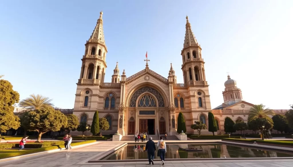 A grand, ornate religious structure stands proudly, its intricate spires and domes reaching towards the clear blue sky. Tall arched windows allow sunlight to stream in, casting a warm, inviting glow upon the detailed stone façade. In the foreground, a small group of worshippers makes their way towards the ornate wooden doors, their reverent steps echoing across the expansive courtyard. Lush, well-manicured gardens and a tranquil reflecting pool surround the edifice, creating a serene, contemplative atmosphere. The overall scene captures the essence of the rich religious heritage of this vibrant community.