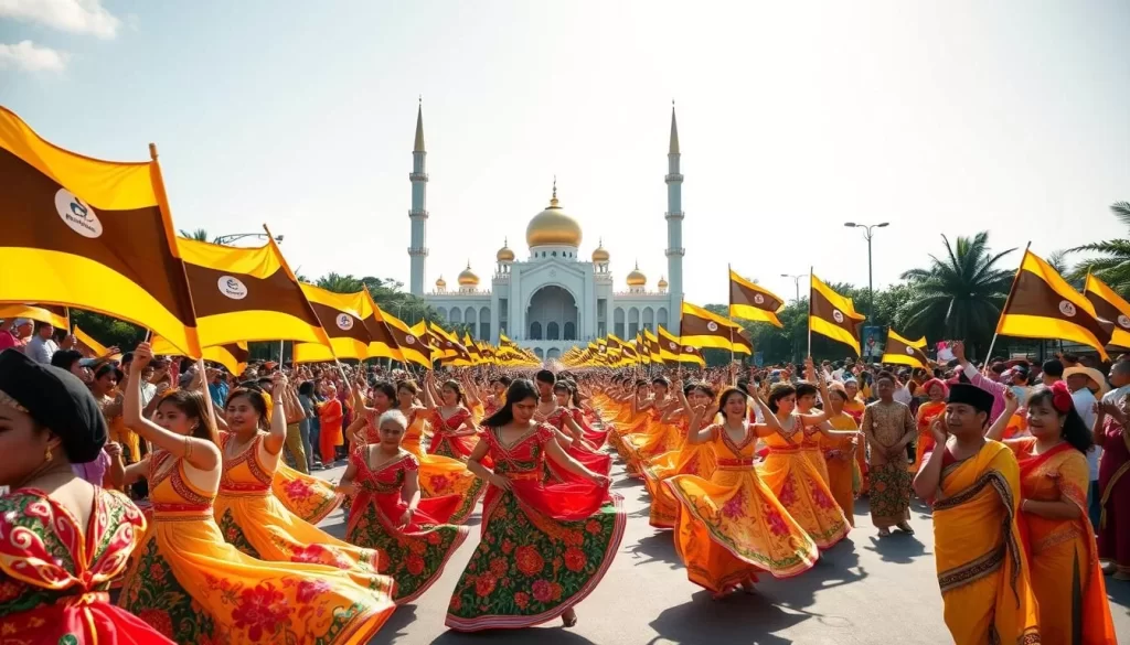 A grand parade of vibrant colors and cultural displays unfolds under the warm Brunei sun. In the foreground, a procession of traditional dancers in elaborate costumes sways gracefully, their movements fluid and captivating. The middle ground reveals a sea of spectators waving Brunei flags, their joyous faces capturing the celebratory spirit. In the background, the iconic Sultan Omar Ali Saifuddin Mosque stands tall, its golden domes and minarets gleaming, a proud symbol of Brunei's heritage. The scene is lit by soft, natural lighting, creating a sense of warmth and festivity. The overall atmosphere radiates national pride, unity, and the vibrant essence of Brunei's National Day celebration.