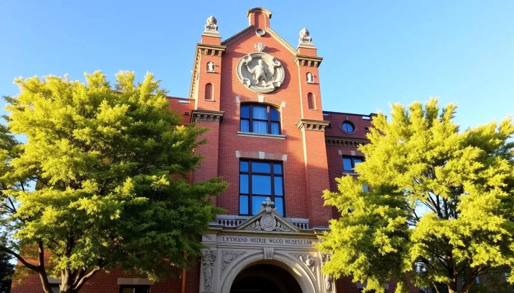 A grand, stately brick building with ornate architectural details stands majestically against a clear blue sky. Lush, verdant trees flank the museum, their leaves gently swaying in a light breeze. The museum's impressive façade is illuminated by warm, natural sunlight, casting a welcoming glow. Intricate carvings and decorative elements adorn the entrance, hinting at the rich history and culture within. The scene conveys a sense of timeless elegance and education, inviting visitors to explore the Lyman and Merrie Wood Museum of Springfield History.