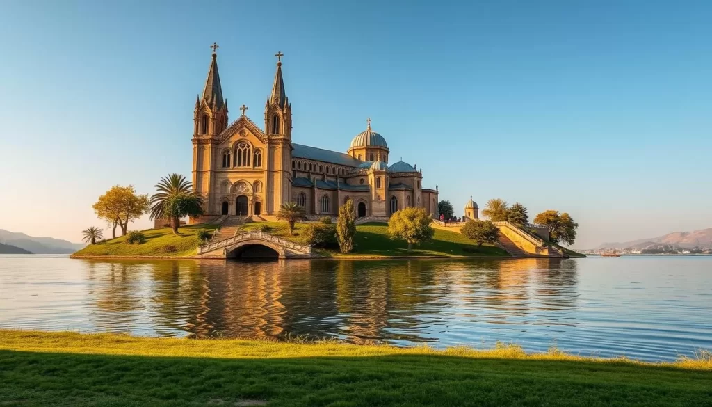 A grand stone cathedral stands majestically on a lush, verdant island in the serene Lake Van, its towering spires and ornate facades bathed in warm, golden sunlight. Intricate stone carvings and archways adorn the exterior, evoking the rich cultural heritage of the region. The cathedral's reflection shimmers in the calm waters, creating a picturesque symmetry. In the foreground, a tranquil shoreline invites visitors to pause and admire the stunning architectural marvel that is the Holy Cross Cathedral, the crown jewel of Akdamar Island.