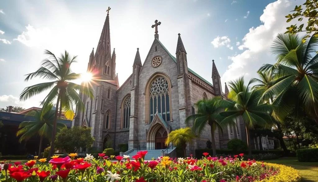 A grand stone cathedral with ornate Gothic architecture, its spires reaching towards the sky. The church is nestled in a lush, verdant setting, with palm trees swaying gently in the warm breeze. Sunlight filters through the stained-glass windows, casting a warm, ethereal glow over the scene. In the foreground, a well-tended garden blooms with vibrant flowers, inviting visitors to pause and admire the stunning facade. The overall mood is one of serene tranquility, reflecting the history and spiritual significance of this important landmark in Sandakan, Malaysia.