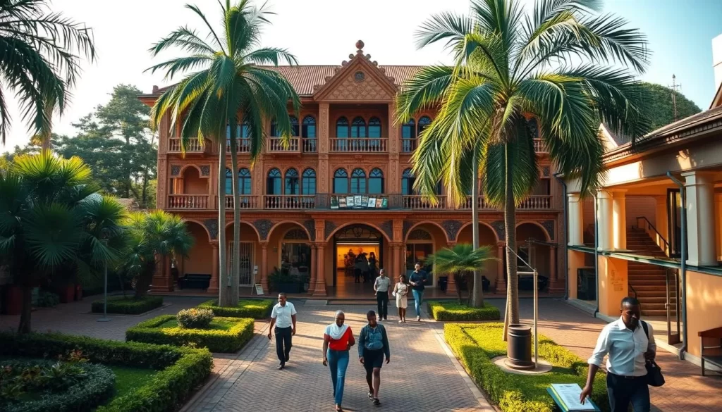 A grand, two-story Cultural Heritage Centre stands tall in the heart of Arusha, its traditional African architecture blending seamlessly with the bustling city. The building's ornate facade, adorned with intricate carvings and vibrant colors, exudes a sense of cultural pride. Lush, well-manicured gardens surround the center, with towering palm trees casting gentle shadows on the cobblestone pathways. Visitors wander through the expansive galleries, immersing themselves in the rich history and diverse traditions of the Tanzanian people. Warm, diffused sunlight filters through large windows, illuminating the captivating exhibits and artifacts on display. An atmosphere of reverence and discovery pervades the space, inviting exploration and a deeper appreciation for Arusha's cultural heritage.