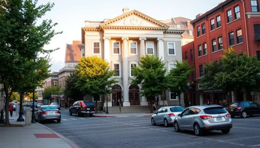 A grand, two-story building with a columned facade, standing proudly in the heart of downtown Belfast, Maine. The historical society museum is bathed in warm, natural light, its intricate architectural details casting soft shadows. The entrance is flanked by lush, verdant trees, inviting visitors to step inside and explore the town's rich past. In the foreground, a picturesque sidewalk and cobblestone road lead the eye towards the museum, with parked cars and pedestrians adding a sense of vibrant, small-town life. The background features a mix of charming, New England-style buildings, creating a harmonious, historic atmosphere.