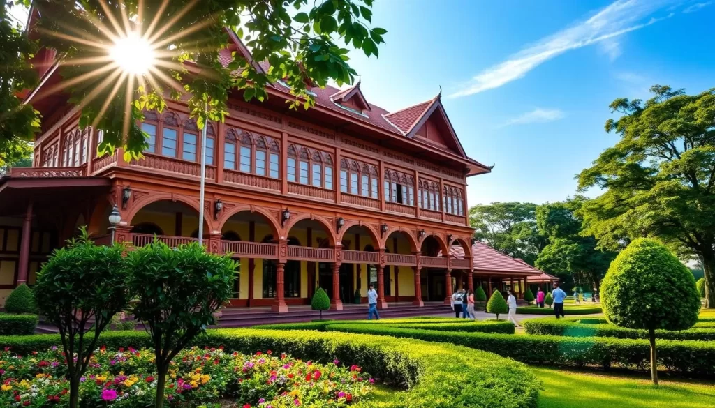 A grand, two-story building with traditional Malay architecture, the Kedah State Museum stands tall, its intricately carved wooden facade and sloping roofs commanding attention. Sunlight streams through the arched windows, casting a warm glow on the carefully curated exhibits within. In the foreground, a lush, well-manicured garden frames the museum, with colorful flowers and manicured hedges. The middle ground features visitors exploring the grounds, admiring the museum's architectural splendor. In the background, a clear blue sky and verdant trees create a tranquil, serene atmosphere, inviting visitors to immerse themselves in the rich cultural heritage of Kedah.