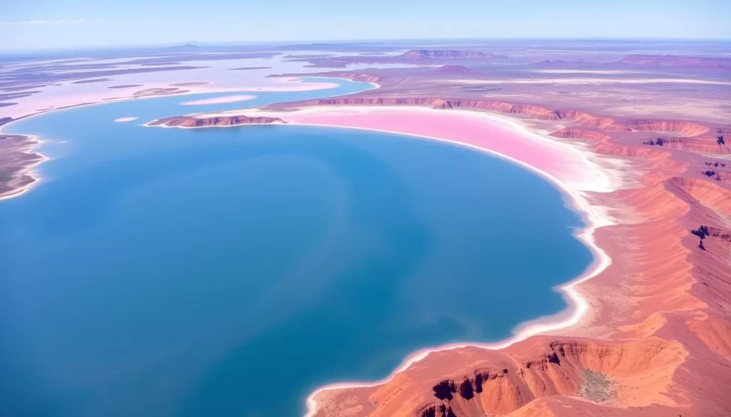 A helicopter tour over the Kimberley, capturing the shocking pink waters of Lake Hillier and the majestic landscapes below.