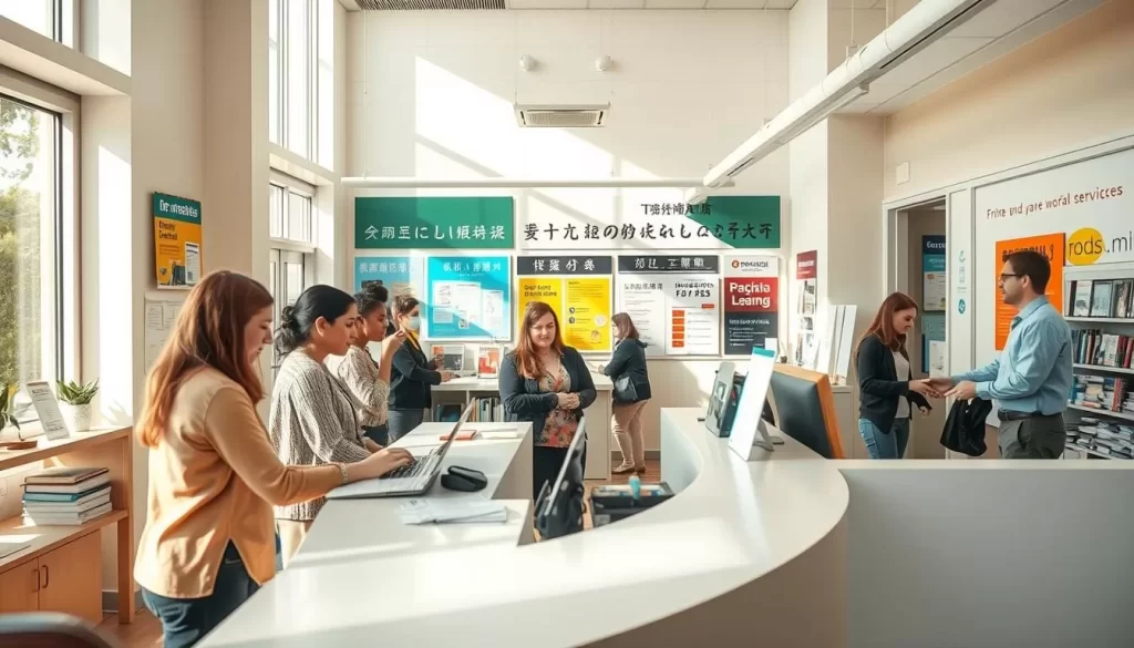 A high-resolution image of a bustling language access services office in North Carolina, USA. The foreground features a multilingual receptionist assisting diverse clients at a sleek counter, with interpreters and translation resources in the background. The middle ground showcases language-learning materials, posters, and signage in multiple scripts. The bright, airy space is bathed in natural light from large windows, conveying a welcoming and inclusive atmosphere. The camera angle is slightly elevated, capturing the dynamic flow of services and the collaborative spirit of the scene.