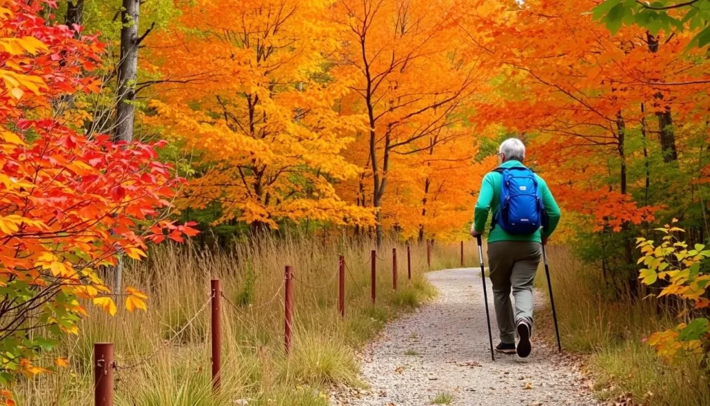 A hiker on a scenic trail in Lehigh Valley with fall foliage
