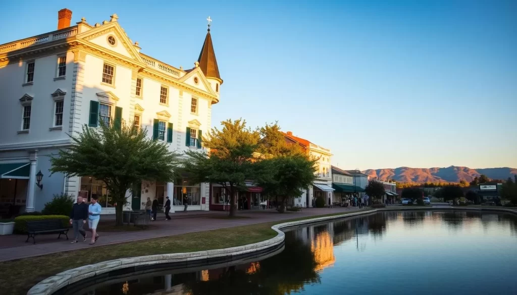 A historic downtown Stroudsburg landmark, bathed in warm afternoon light. The crisp, white facade of the Stroud Mansion stands tall, its elegant colonial architecture and decorative accents reflected in the calm waters of a small pond nearby. People stroll along the tree-lined sidewalks, browsing quaint shops and cafes. In the distance, the rolling Pocono Mountains provide a picturesque backdrop to this charming, well-preserved historic scene.