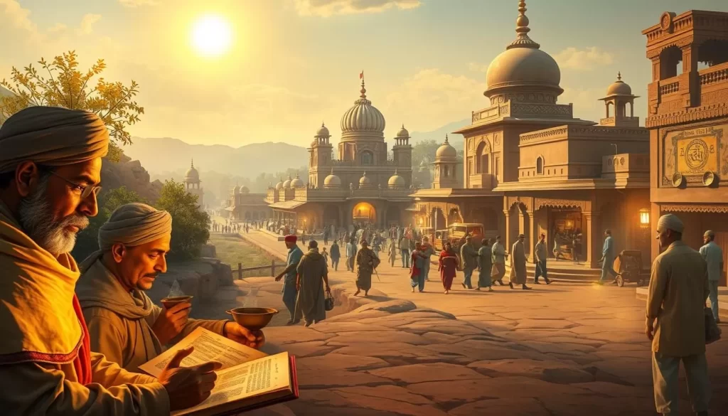 A historical illustration of the evolution of the Punjabi language, captured in a captivating landscape. In the foreground, a group of scholars pore over ancient manuscripts, their faces illuminated by the warm glow of oil lamps. In the middle ground, a bustling street scene showcases the vibrant culture, with vendors and pedestrians interacting in the Punjabi tongue. In the distance, a majestic, sun-dappled temple stands as a testament to the enduring roots of the language. The scene is bathed in a soft, golden light, conveying a sense of timelessness and the enduring legacy of Punjabi.