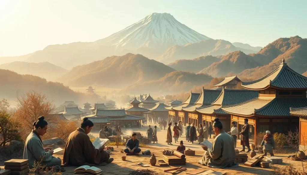 A landscape depicting the historical development of the Korean language. In the foreground, a group of scholars gathered around ancient texts, engaged in deep discussion. The middle ground features a bustling marketplace, with merchants exchanging goods and ideas, illustrating the language's evolution through trade and cultural exchange. In the background, a majestic mountain range rises, symbolizing the enduring strength and resilience of the Korean linguistic tradition. Warm, golden sunlight filters through the scene, creating a serene and contemplative atmosphere. The image conveys the rich history and dynamic progression of the Korean language, as it has been shaped by the interplay of tradition and modernity over the centuries.