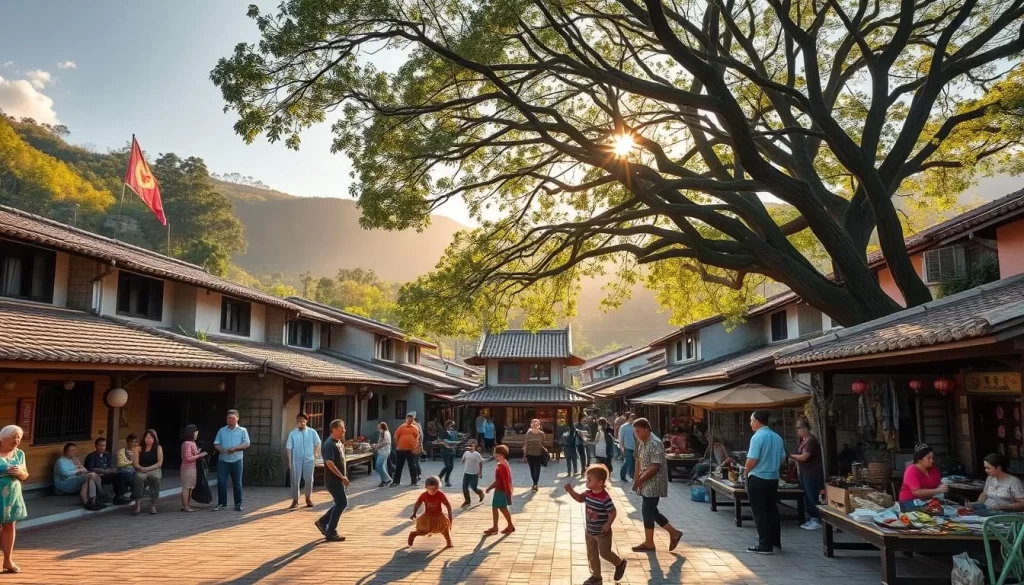 A lively Hakka village nestled in the rolling hills of Chiayi, Taiwan. Quaint houses with traditional tile roofs line the winding streets, their facades adorned with vibrant splashes of color. In the central square, locals gather under the shade of towering banyan trees, engaged in lively conversation and laughter. Children play traditional games, their joyful shouts echoing through the air. Warm, golden sunlight filters through the canopy, casting a gentle glow over the scene. The air is filled with the aromas of local cuisine, tempting passersby to explore the nearby markets and shops. This is a community steeped in the rich heritage of the Hakka people, a tapestry of culture and tradition woven into the very fabric of the land.