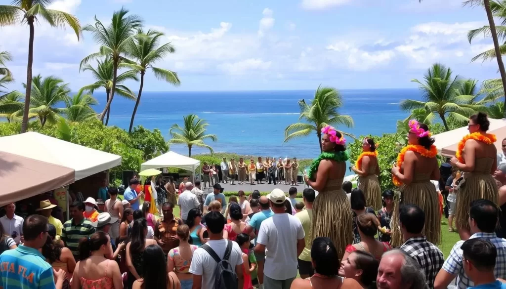 A lively Hawaiian festival scene, with hula dancers adorned in vibrant floral leis and traditional grass skirts swaying to the rhythmic beats of ukuleles and drums. In the foreground, locals and tourists mingle, sampling local cuisine from food stalls and browsing handcrafted artisanal goods. The middle ground features a stage with performers showcasing the rich cultural heritage through chants, dances, and storytelling. In the background, a backdrop of lush, tropical foliage and the blue Pacific Ocean creates a serene and picturesque setting, capturing the essence of Hawaii's vibrant festival culture.