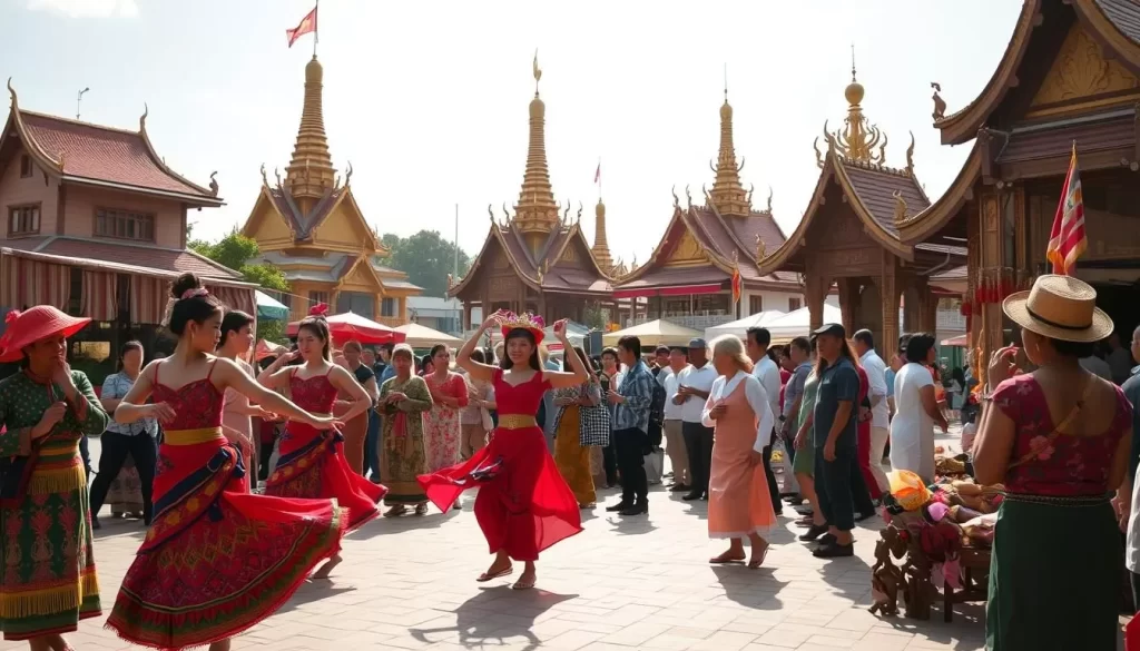 A lively Laotian festival scene set in a sun-dappled town square. In the foreground, colorfully dressed dancers perform traditional Lao dances, their movements fluid and graceful. In the middle ground, artisans and vendors offer an array of handcrafted goods, from intricate weavings to carved wooden figurines. The background features ornate Buddhist temples and pagodas, their golden spires glinting in the warm afternoon light. The atmosphere is one of vibrant celebration, with the air filled with the sounds of live music and the chatter of the crowd. A sense of cultural richness and community pride permeates the scene.