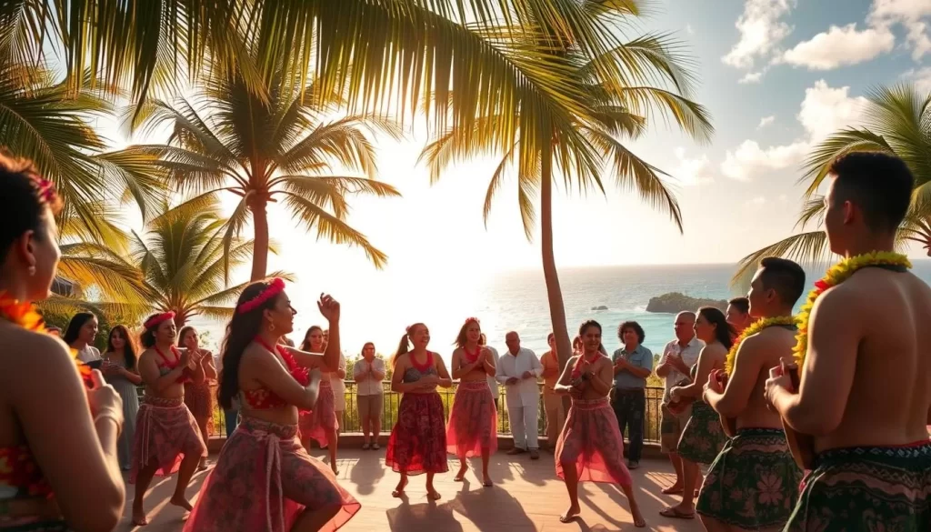A lively Polynesian cultural celebration unfolding beneath a warm, golden sun. In the foreground, a group of dancers in vibrant, traditional costumes perform a rhythmic, energetic routine, their movements graceful and precise. In the middle ground, spectators gather, their expressions alight with joy and wonder, some clapping along to the infectious beat of drums and ukuleles. The background reveals a stunning tropical landscape, lush with swaying palm trees and azure waters sparkling in the distance, creating a serene, idyllic setting for this joyous celebration of Polynesian heritage and tradition.