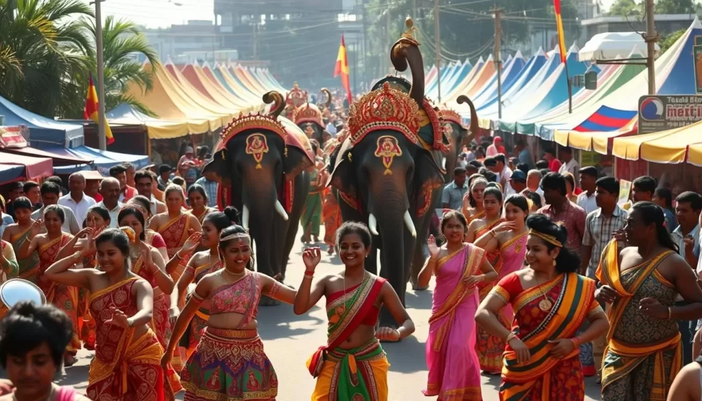 A lively Sri Lankan festival bustling with vibrant colors, intricate costumes, and traditional performances. In the foreground, dancers sway to the rhythmic beats of drums and cymbals, their intricate garments shimmering under the warm, golden sunlight. In the middle ground, a procession of elaborately decorated elephants, their trunks held high, lead the celebrations. In the background, colorful tents and stalls line the streets, offering an array of spices, handicrafts, and local delicacies. The atmosphere is one of joyous celebration, with smiling faces and a sense of community permeating the scene.