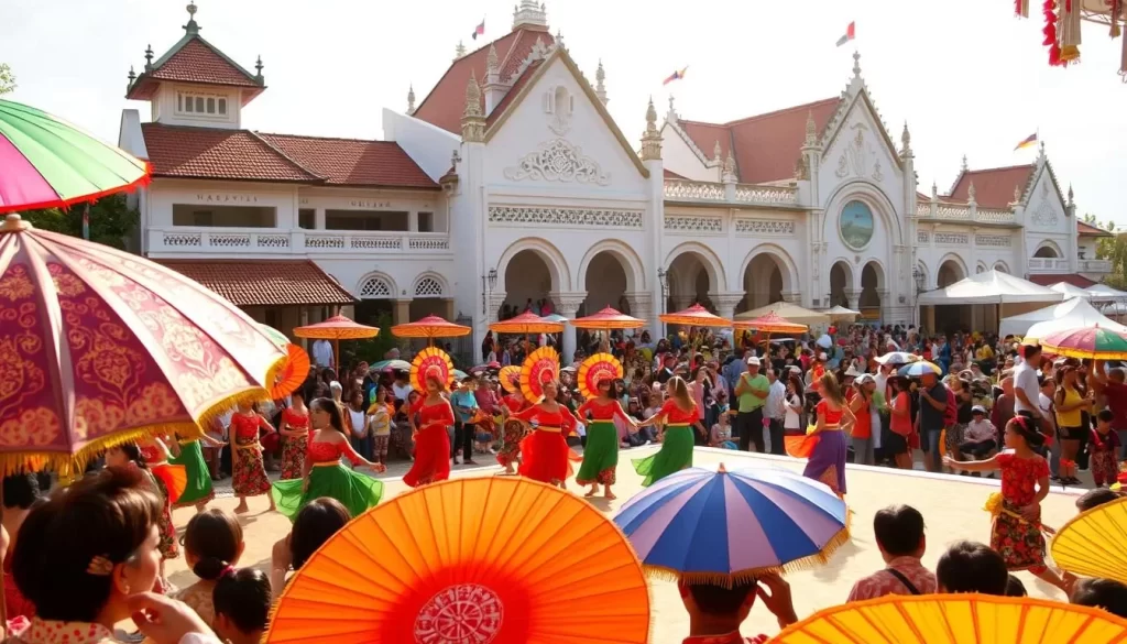 A lively Terengganu cultural festival, with vibrant costumes and energetic dancers performing traditional dances on a sunlit stage. In the foreground, colorful umbrellas and intricate batik fabrics create a visually stunning display. The middle ground features a bustling crowd of spectators, their faces alight with joy and fascination. In the background, the iconic architecture of Terengganu, with its ornate roofs and graceful arches, provides a beautiful backdrop. The scene is bathed in warm, golden light, capturing the celebratory atmosphere of this beloved cultural event.