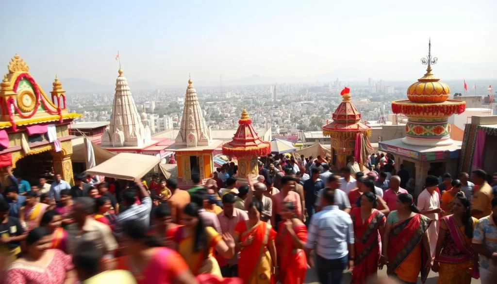 A lively and colorful festival scene in India on a bright, sunny day. In the foreground, a vibrant crowd of revelers adorned in traditional, richly-patterned clothing dance and celebrate, their movements captured in a dynamic, motion-blurred effect. In the middle ground, ornate temples and decorated floats adorned with flowers and lights stand amidst a bustling marketplace filled with vendors selling an array of spices, fabrics, and handicrafts. The background features a panoramic view of the city skyline, with distant mountains and a clear blue sky overhead, creating a sense of depth and scale. The lighting is warm and natural, with soft shadows and highlights accentuating the textures and details of the scene. The overall atmosphere is one of joyous energy, cultural richness, and immersive festivity.