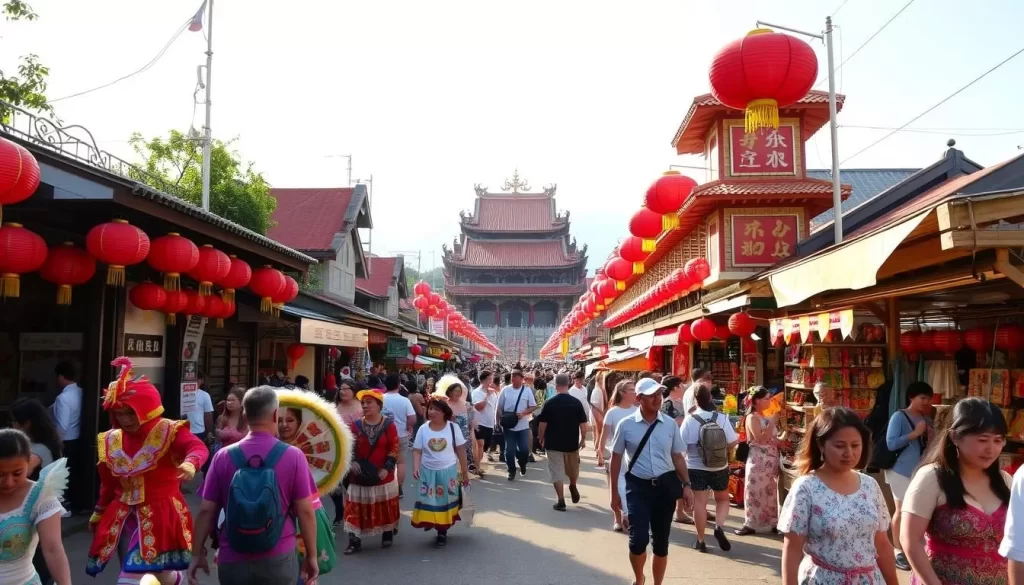 A lively and festive outdoor scene in Pingtung County, Taiwan. In the foreground, a colorful parade with elaborately costumed performers, dancers, and musicians animatedly moving through a bustling street lined with vibrant red lanterns and traditional storefronts. In the middle ground, locals and tourists mingle and browse the many festival stalls selling an array of local delicacies, crafts, and souvenirs under the warm, golden light of the afternoon sun. Towards the background, a grand, ornately decorated temple emerges, its rooftops and towers visible above the lively crowds. The atmosphere is lively, festive, and full of cultural energy, inviting visitors to immerse themselves in the joyous spirit of Pingtung's renowned festivals.