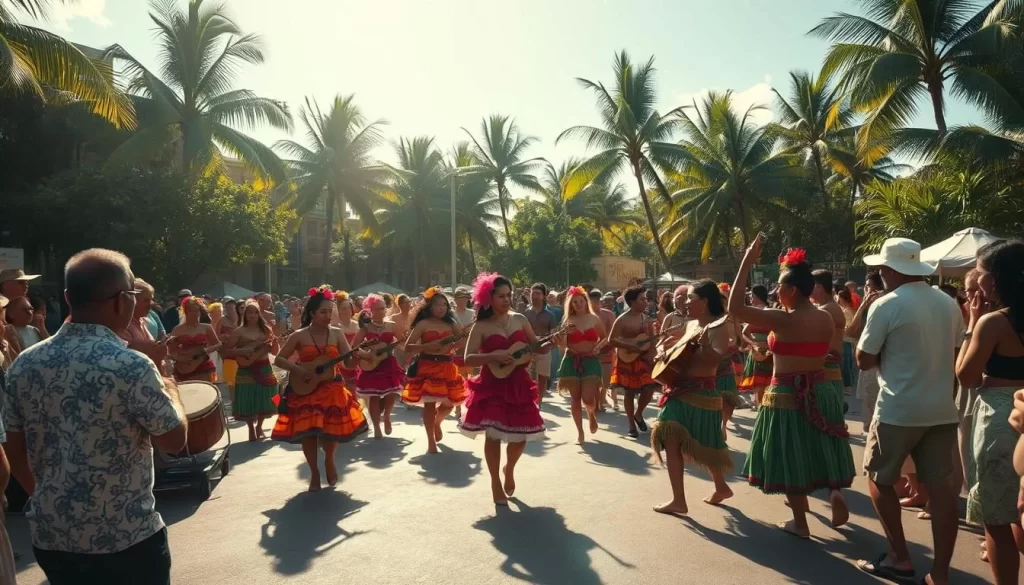 A lively and vibrant Heiva i Tahiti festival unfolding in the heart of Papeete, the capital of French Polynesia. Colorful dancers in traditional costumes gracefully sway to the rhythmic beats of drums and ukuleles, as spectators gather around to witness this captivating cultural celebration. The scene is bathed in warm, golden sunlight, casting a soft glow over the festivities. In the background, the iconic silhouettes of palm trees and lush, tropical foliage frame the energetic scene, evoking the unique charm of this Pacific island paradise. A wide-angle, cinematic perspective captures the full energy and spirit of this renowned annual festival.