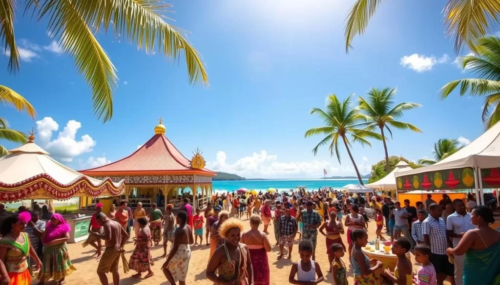 A lively and vibrant festival scene on the picturesque Cocos Keeling Islands. In the foreground, colorfully dressed locals engage in traditional dances and music performances, with a backdrop of ornately decorated pavilions and tents. Further back, a crowd gathers around food stalls offering local delicacies, while children play games and explore the festival grounds. The bright tropical sun bathes the entire scene in a warm, golden glow, capturing the celebratory atmosphere of this island paradise. The image conveys the unique culture and community spirit of the Cocos Keeling Islands through an immersive, realistic representation of its vibrant festivals.