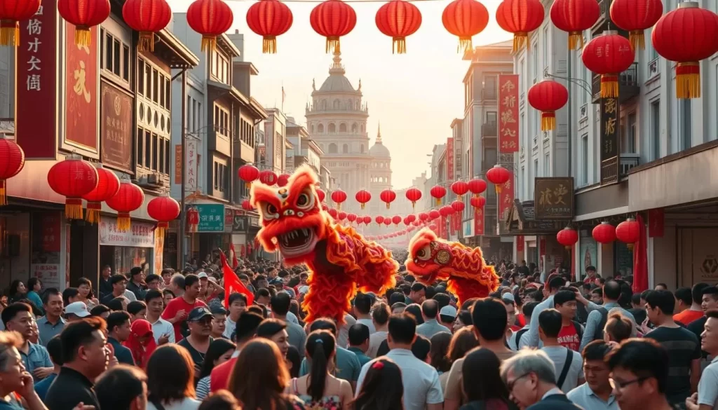 A lively and vibrant scene of Chinese New Year celebrations in Hsinchu, Taiwan. In the foreground, a bustling street is filled with festive decorations, red lanterns, and enthusiastic crowds of people. In the middle ground, a traditional lion dance performance is underway, with acrobatic dancers dressed in vivid costumes. In the background, the iconic architecture of Hsinchu's historic buildings provides a picturesque backdrop, bathed in the warm glow of the afternoon sun. The atmosphere is electric, with a sense of celebration and community, capturing the essence of this important cultural event.