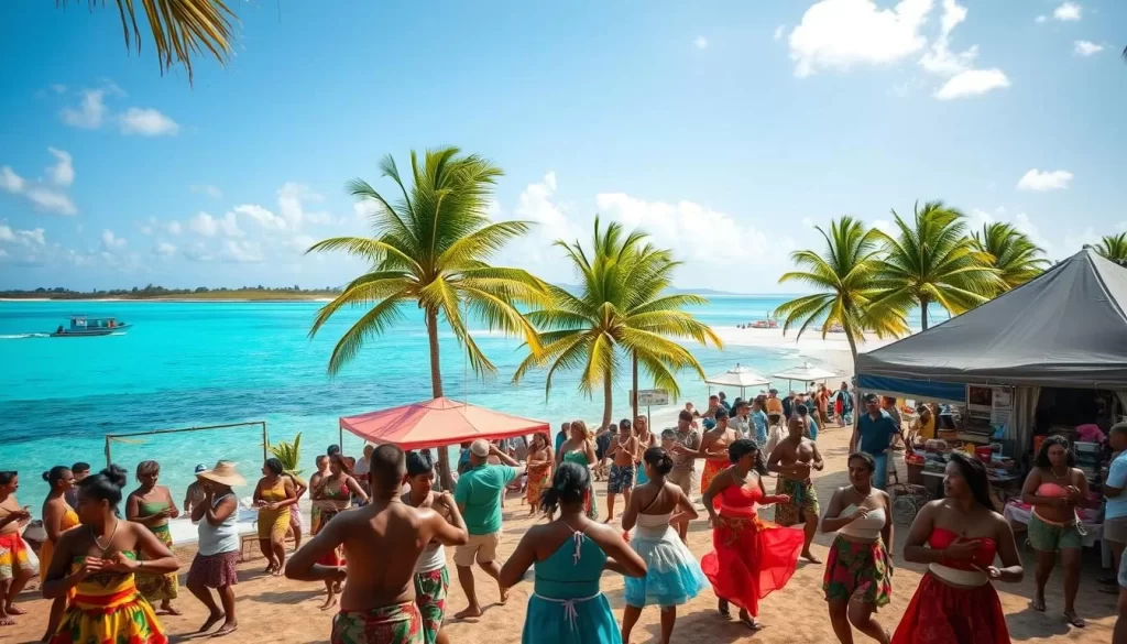 A lively and vibrant scene of Marshall Islands festivals, capturing the island's rich cultural heritage. In the foreground, colorfully dressed locals dance and perform traditional dances, their movements graceful and energetic. The middle ground showcases various food stalls and market stands, showcasing the islands' diverse culinary delights. In the background, picturesque palm trees sway in the gentle breeze, and the crystal-clear turquoise waters of the lagoon shimmer in the warm, natural lighting. The overall atmosphere is one of joyous celebration, where the island's community comes together to honor their traditions and welcome visitors with open arms.